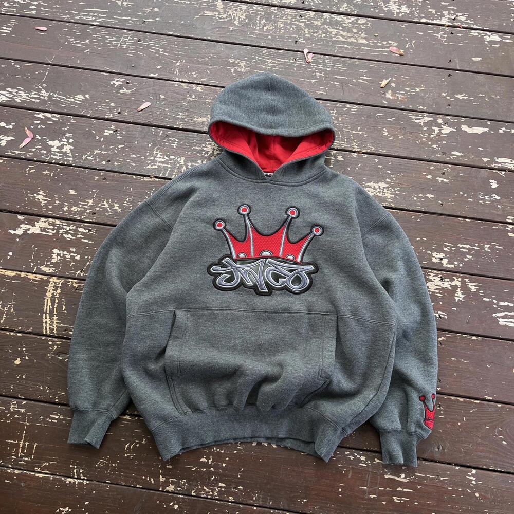 (M) Vintage 90s Y2K JNCO Jeans Tribal Crown Embroidered Hoodie - Picture 1 of 6